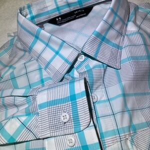 Men’s Under Armour Heatgear L/S Turquoise Plaid Vented Fish Outdoor Shirt- Large